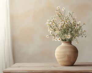 Cozy Home Interior: Wooden Table, Beige Clay Vase with Chamomile Flowers Near Blank White Wall - Copy Space Background