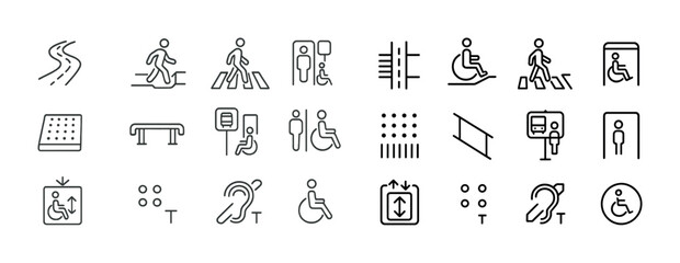 Accessibility icons collection: wheelchair, hearing, walking, ramps, braille symbols