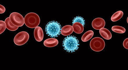 3D Blue Virus Cells Flowing with Red Blood Cells Isolated on Black Background for Infection Concept