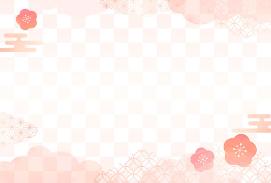 水彩風の梅と和柄　ピンク　年賀状　背景