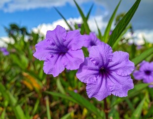 Close-up of two vibrant purple flowers with textured petals, green leaves and a blue sky with white clouds