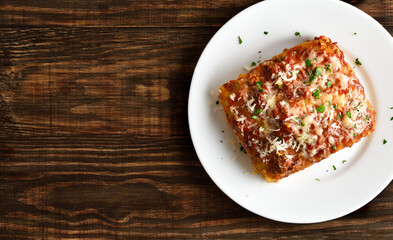 Lasagna with ground beef, ricotta cheese and tomato sauce