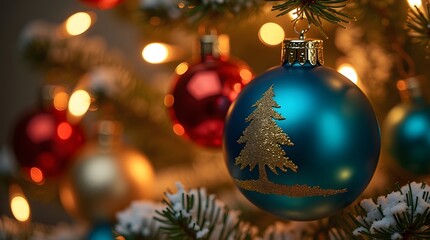 Festive holiday bauble adorns a snow-dusted Christmas tree, illuminated by warm, twinkling lights