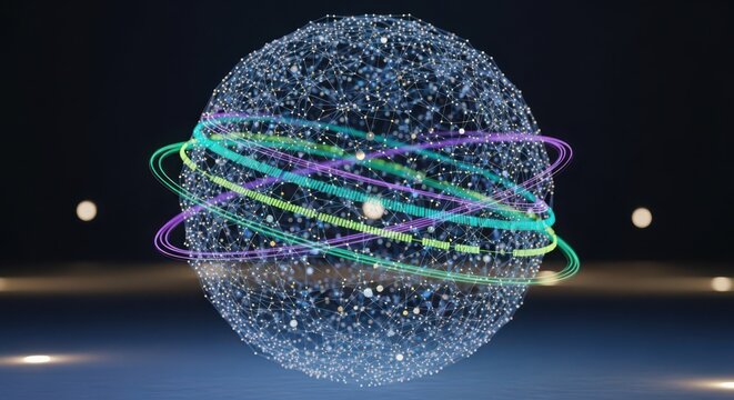 Abstract glowing sphere with orbiting colorful light trails and nodes globe network