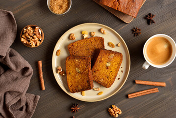 Slices of pumpkin bread with raisins and nuts