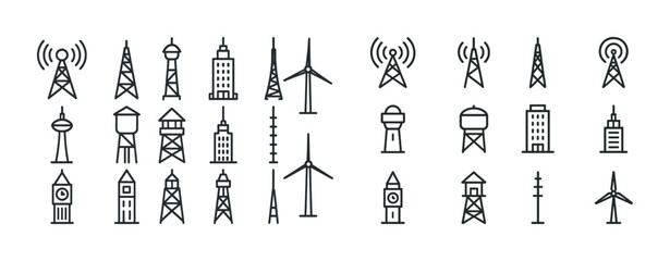 Set of communication towers and wind turbines icons in black and white