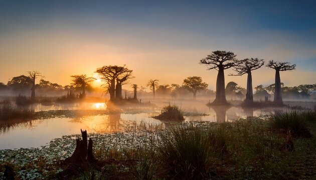 Sunrise Over A Misty Swamp With Towering Baobab Trees