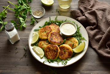 Potato pancakes made from mashed potato and minced fish served with dipping sauce