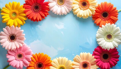 Colorful gerbera daisies frame soft blue background, inviting and cheerful floral design