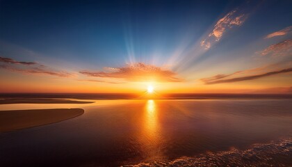 Fototapeta premium The Radiant Sun Descends Casting A Warm Golden Glow Across The Expansive Sky Illuminating The Distant Horizon With A Breathtaking Display Of Vibrant Colors Creating A Serene Atmosphere