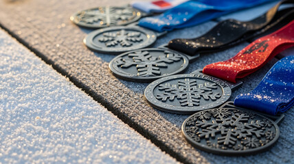 Cluster of winter marathon medals on frosty wooden table at dawn