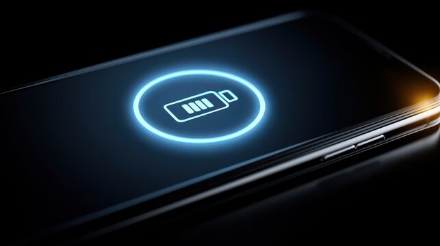 Smartphone Battery Charging Indicator Close-Up on Dark Background with Glowing Blue Circle Signifying Full Power Level and Energy Supply Status
