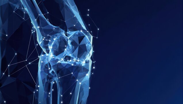 Abstract representation of a knee joint, digitally rendered as interconnected polygons and lines, glowing light-blue, on a dark background