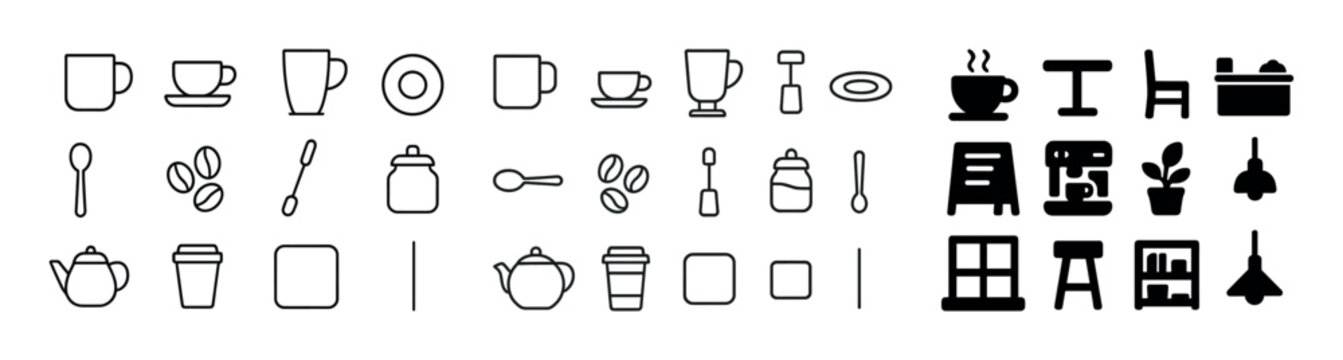 Minimalist kitchen icons: cups, plates, spoons, and furniture symbols
