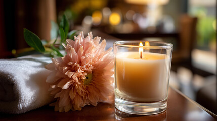 Spa supplies burning candle and flower on surface in beauty facility defocused wellness background aromatherapy relaxation setting treatment preparation scene therapeutic