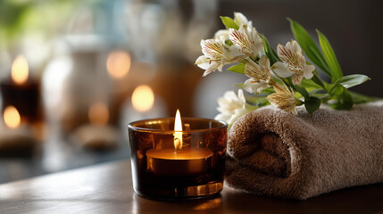 Spa supplies burning candle and flower on surface in beauty facility defocused wellness background aromatherapy relaxation setting treatment preparation scene therapeutic
