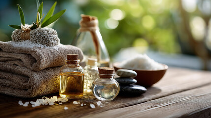 Beauty treatment items for spa procedures on pale wooden surface defocused wellness background massage stones essential oils sea salt therapeutic supplies scene relaxation