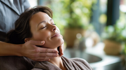 Masseuse massaging face of content client at beauty facility faceless professionals defocused salon background facial treatment scene relaxation therapy moment spa service