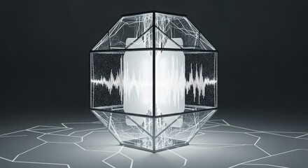 Geometric glass structure with internal sound wave display and network pattern abstract