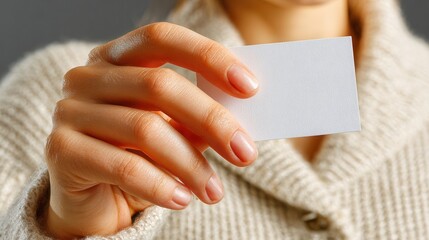 Professional hand presenting a clean white business card, perfect for introducing contacts or sharing essential information with confidence.