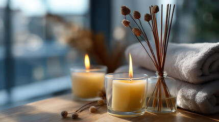 Burning candles and aromatic reed freshener on surface in spa facility defocused wellness background relaxation atmosphere setting therapeutic environment display with copy