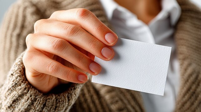 Elegant hand offers blank business card for professional networking, ready for your custom branding and contact details