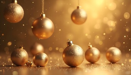3D luxury Christmas ornaments floating, metallic gold surfaces, sparkling bokeh lights, soft shadows, elegant festive composition, premium render