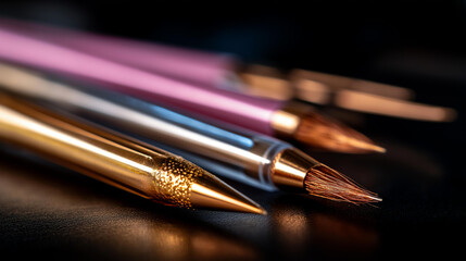 Elevated view of scissors pencil and brushes for permanent makeup defocused black background cosmetic tattooing tools isolated professional equipment display with copy space