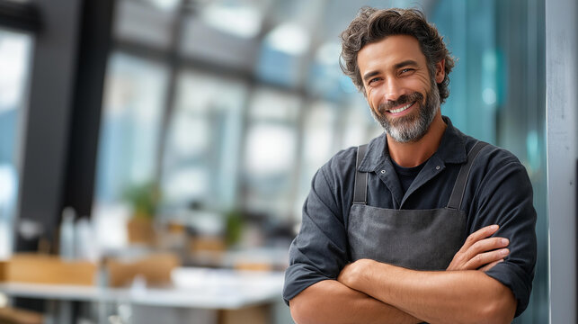 Confident establishment owner standing proudly in modern hair facility faceless salon professional defocused interior background exuding professionalism warmth business owner