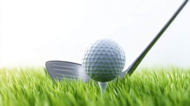 A shiny golf ball sits on a tee surrounded by fresh grass, with a club positioned nearby, ready for a swing on a sunny day