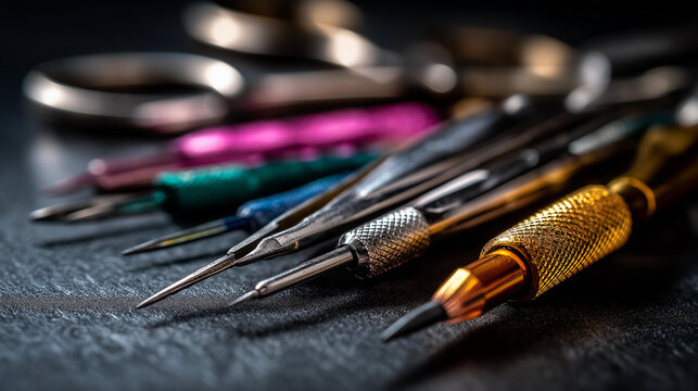 Elevated view of scissors pencil and brushes for permanent makeup defocused black background cosmetic tattooing tools isolated professional equipment display with copy space