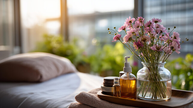 Massage room or beauty facility with empty bed ready set defocused organic skincare products background treatment space preparation spa environment display with copy space