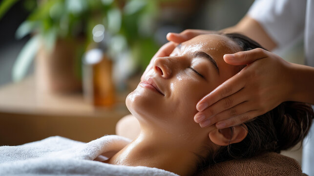Young individual during face peeling procedure in establishment faceless woman defocused salon background exfoliation treatment scene skincare service moment with copy space