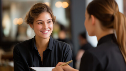 Beauty establishment manager dealing with customer faceless professionals defocused salon background client consultation scene service interaction moment professional