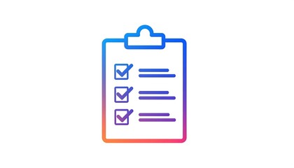 Colorful gradient clipboard outline with three checkmarks and parallel lines on a plain white background