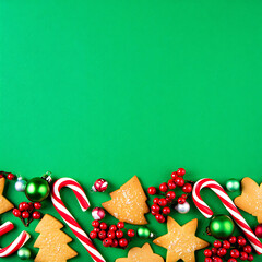 A fun Christmas background with a bottom border of candy canes, cookies, and ornaments on a bright green surface.