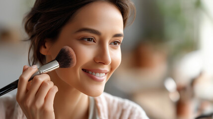 Individual applying powder blush with makeup brush to cheek faceless woman defocused professional background cosmetic application salon services makeup artistry treatments