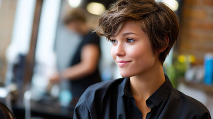 Young individual looking for changes trying new hairstyle at beauty facility faceless woman defocused salon background styling consultation scene transformation moment with