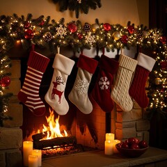 Festive red Christmas stocking on a fireplace mantel with gifts and holiday decorations