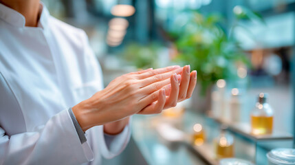 Manicure concept beautiful hands with perfect treatment at beauty facility faceless woman defocused salon background nail care display professional service scene with copy
