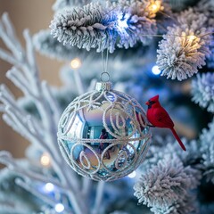 Silver Christmas ball ornament decoration on a fir branch for the winter holiday season