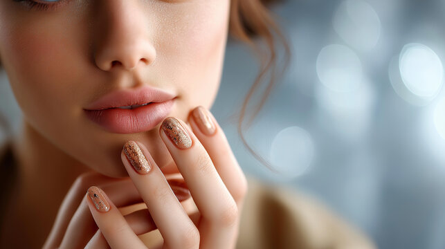 Beautiful model with beige manicure nail design with decorative elements faceless hand defocused fashion background makeup care for hands nails cosmetics styling scene with