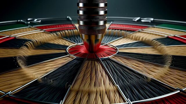 Macro view of a metallic dart tip hitting the red bullseye center of a textured dartboard in a cinematic 3D animation, symbolizing accuracy and business success