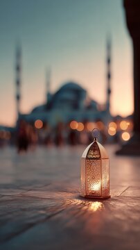 Beautiful intricate Islamic lantern (Fanous) glowing on the marble floor of a mosque at sunset. Ramadanl background. Concept of Ramadan Kareem and Eid al-Fitr.
