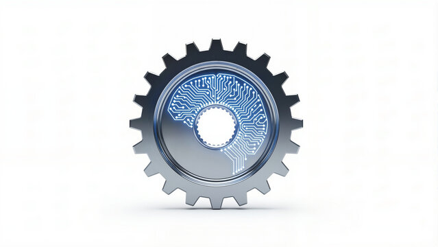 A metallic gear with a digital circuit board brain inside