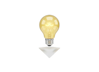 Obraz premium Glowing Incandescent Light Bulb with Filament Illuminated Suspended Above a Small White Geometric Shape on a Black Background Representing an Idea or Inspiration