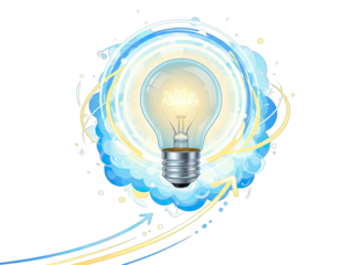 Glowing Incandescent Light Bulb Surrounded by Swirling Blue Clouds and Energetic Yellow Streaks Symbolizing Innovation and Ideas