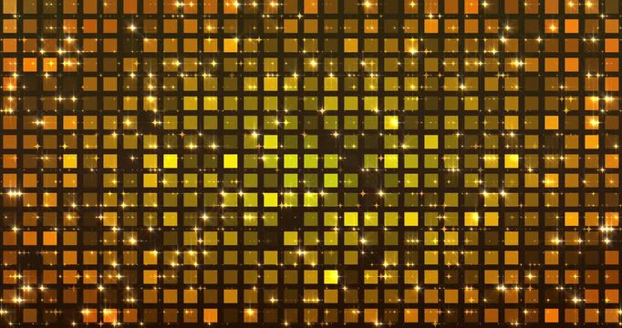 Seamless 4K looping background of sparkling golden square sequins. Shimmering disco tile texture for music, stage, luxury, and festive events.