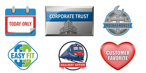 Business, Service, and Promotional Vector Badge Set Corporate Trust, Customer Favorite, Today Only, Maintenance, and Railway Offer Seals for E-commerce.