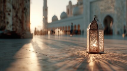 Beautiful intricate Islamic lantern (Fanous) glowing on the marble floor of a mosque at sunset. Ramadanl background. Concept of Ramadan Kareem and Eid al-Fitr.
